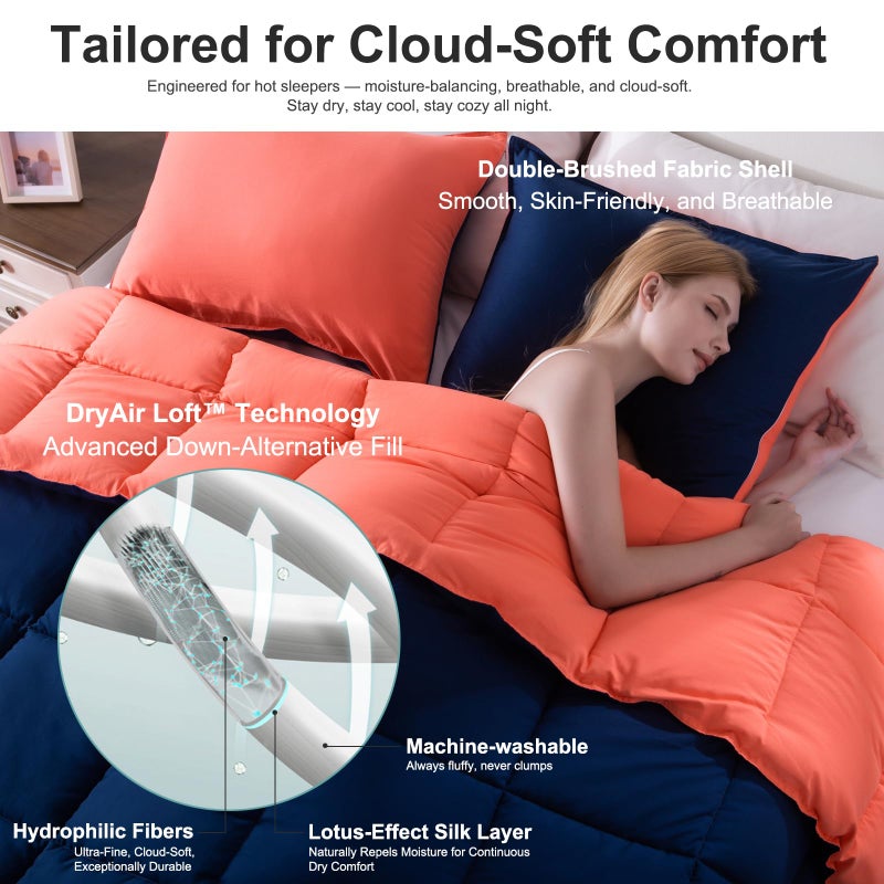 KASENTEX King Comforter Set â€“ Reversible Dual Color â€“ Goose Down Alternative â€“ Ultra-Soft, Lightweight, Machine Washable, Maintain Fluffiness, All Season Warmth (Navy/Coral) - Image 4
